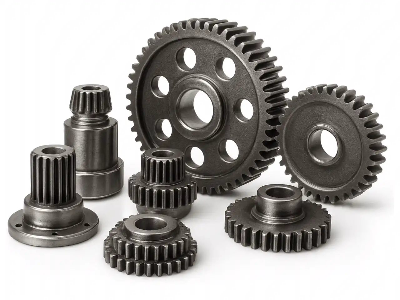 Close-up of industrial gear components and machined transmission parts